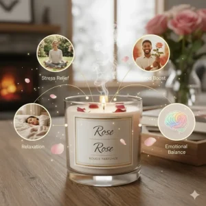 Visual breakdown of the mood-lifting and stress-relief benefits of inhaling rose scented candle aromas.