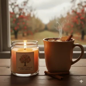 Stylized illustration of a steaming mug of cider next to a glowing candle inspired by Ontario apple orchards.