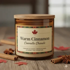 Graphic design illustration of a candle label for "Warm Cinnamon / Cannelle Chaude," highlighting autumn scents for the Canadian market.
