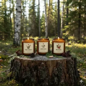 A trio of amber glass campfire candles inspired by the Boreal forest, resting on a mossy tree stump in a sunlit Canadian woodland.