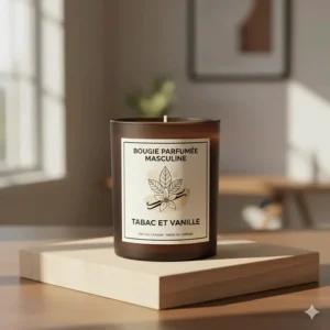 A minimalist graphic of a masculine candle, featuring bilingual "Tabac et Vanille" text for the Canadian market.