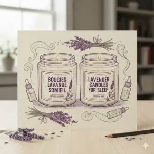 Hand-drawn illustration of lavender candles for sleep with bilingual English and French labels for Canadian shoppers.