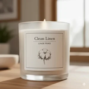 Close-up of a premium candle label featuring bilingual text: Clean Linen and Linge Frais for the Canadian market.