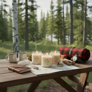 Photorealistic flat lay of campfire candles, a map of Canada, a compass, and a plaid wool blanket on a park picnic table.
