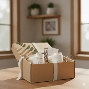 An eco-friendly gift box containing clean linen candles, perfect for housewarming gifts in Canada.