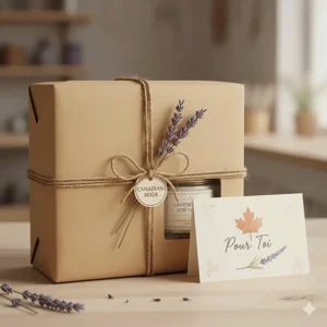 Gift-wrapped lavender candles for sleep, perfect for a thoughtful Canadian-made wellness present.