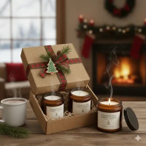 A beautifully wrapped gift box of Canadian pine forest candles, perfect for a thoughtful, locally-made gift.