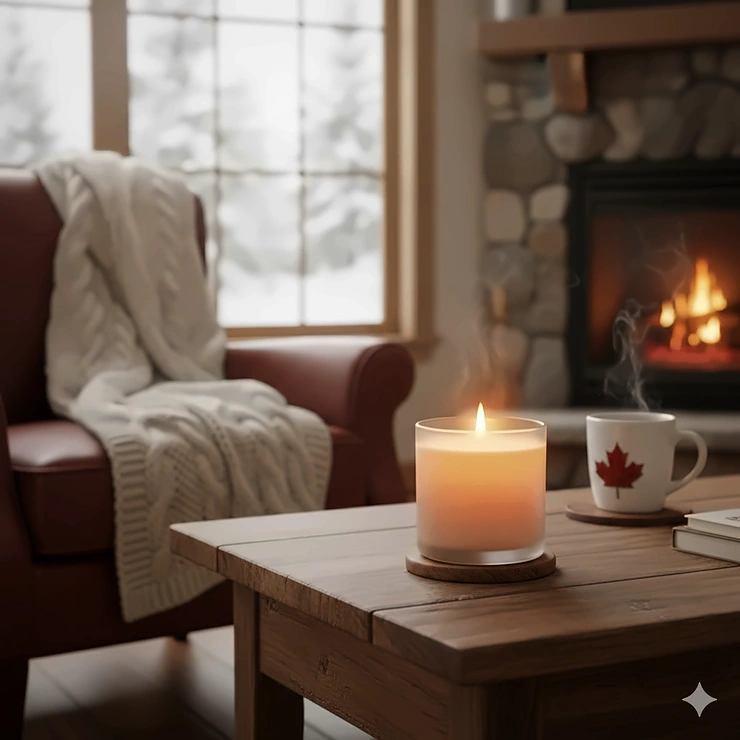A cozy Canadian living room featuring a lit maple syrup scented candle in a glass jar next to a wool blanket.