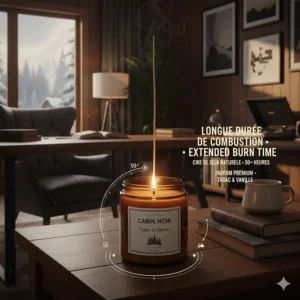 A technical illustration showing the long burn time of a premium tobacco and vanilla candle.