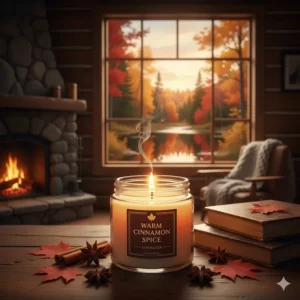 Stylized graphic of a glowing cinnamon spice candle inside a rustic log cabin overlooking a Canadian pine forest during autumn.
