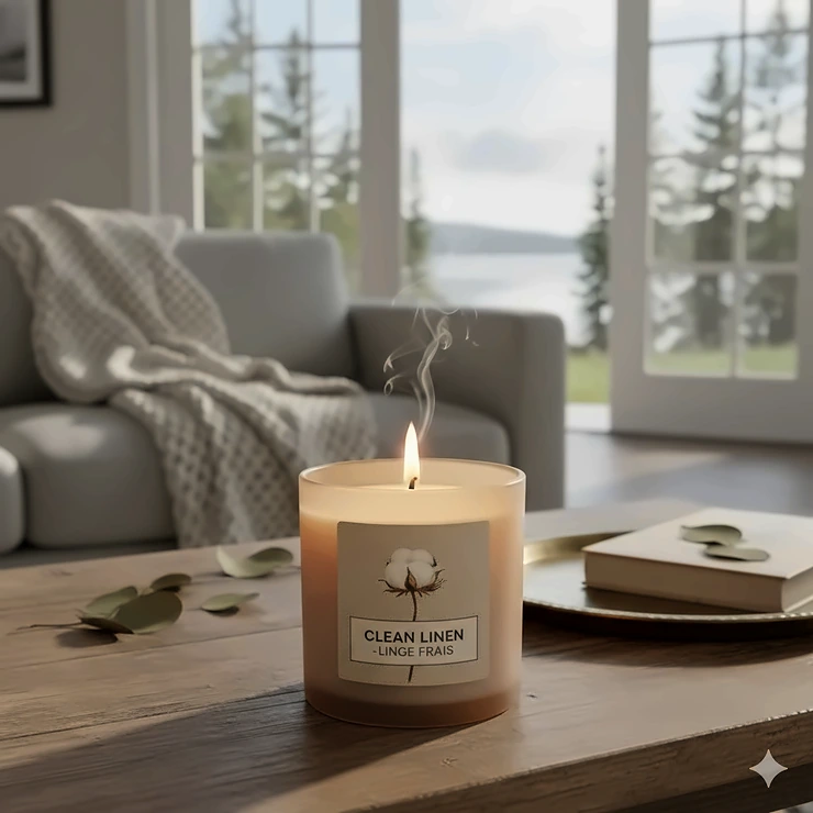 A hand-poured clean linen candle glowing on a rustic wooden coffee table in a bright Canadian living room with a cozy wool throw blanket.