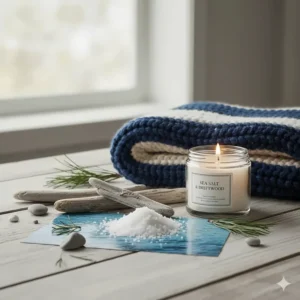 A moodboard for sea salt and driftwood candles capturing the serene, rugged beauty of the Canadian seaside.