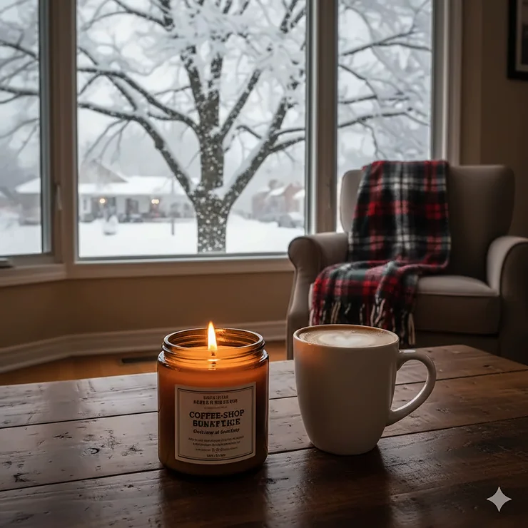 A cozy Canadian living room with a lit coffee shop candle on a wooden table next to a warm latte, overlooking a snowy maple tree.