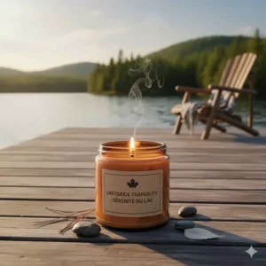 Rustic scented candles on a wooden dock overlooking a peaceful Canadian lake during summer.