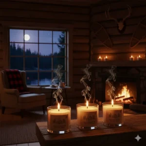 Warm interior of a Canadian log cabin at night, featuring glowing campfire candles on a table overlooking a moonlit lake.
