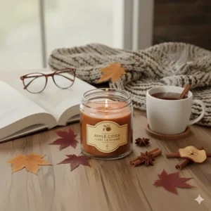 Flat lay illustration of an open book, a warm blanket, and a flickering apple cider candle for a Canadian fall evening.