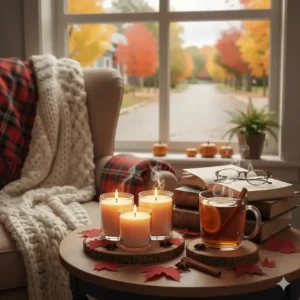 Illustration of a cozy window-side reading nook in Quebec with a steaming mug of cider and warm cinnamon candles for fall ambiance.