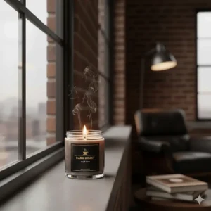 Dark-toned illustration of a bold dark roast scented candle reflecting a warm amber glow in a modern urban Canadian loft.