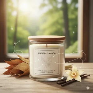 Hand-drawn illustration of a natural soy wax candle with tobacco and vanilla scents, labeled "Made in Canada."