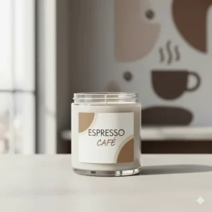 Minimalist illustration of a hand-poured espresso scented candle with "Café" labels, perfect for Canadian coffee lovers.