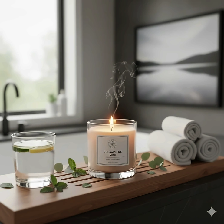 A luxury eucalyptus mint candle burning on a bath caddy in a Canadian home spa, creating a relaxing aromatherapy atmosphere. eucalyptus mint candles spa