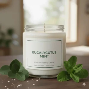Hand-poured eucalyptus mint spa candle made with natural soy wax, perfect for eco-friendly Canadian homes.