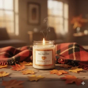 Autumnal illustration of a pumpkin spice coffee shop candle surrounded by orange maple leaves and a cozy plaid blanket.