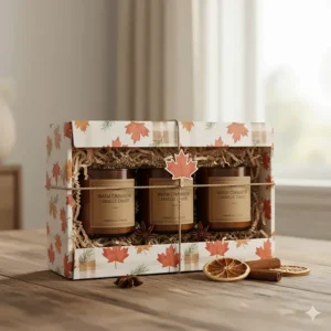An illustrated gift set of warm cinnamon candles for fall, featuring Canadian-themed packaging and natural twine wrapping.