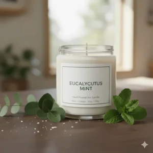 Fresh eucalyptus branches and mint leaves arranged around a candle to showcase natural aromatherapy ingredients.