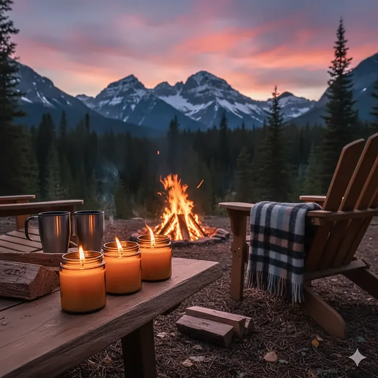 A cozy outdoor setup in the Canadian Rockies featuring hand-poured campfire candles on a cedar wood table with a mountain sunset background.