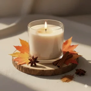 Minimalist illustration of a hand-poured warm cinnamon candle surrounded by orange maple leaves, perfect for a fall evening in Ontario.