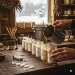 Illustration of a craftsperson hand-pouring golden maple syrup scented soy candles in a Quebec-based workshop.