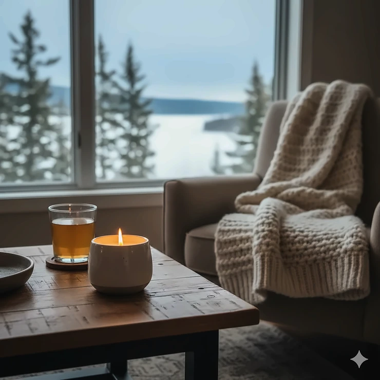 A cozy Canadian living room featuring a lit vanilla scented candle on a wooden coffee table with a warm wool blanket and a view of snow through the window. vanilla candles Canada