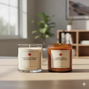 Handcrafted scented candles featuring bilingual English and French labels (Bougies Parfumées) for the Canadian market.