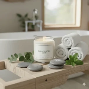 A serene home spa setup featuring a eucalyptus mint candle, white towels, and stones for a professional wellness feel.