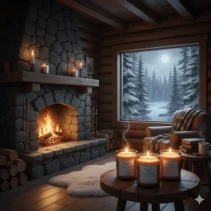A cozy log cabin interior in Ontario featuring glowing Canadian pine forest candles on a stone fireplace mantle.