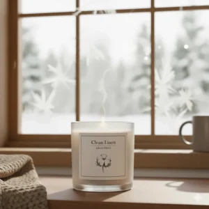 A clean linen candle flickering near a frosted window during a Canadian winter, evoking a sense of indoor freshness.