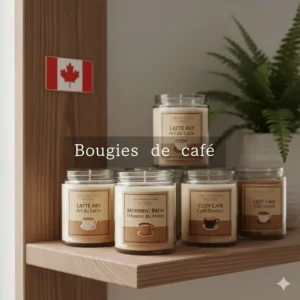 Illustration of coffee shop candles featuring bilingual English and French labels (Bougies de café) on a rustic cedar shelf.
