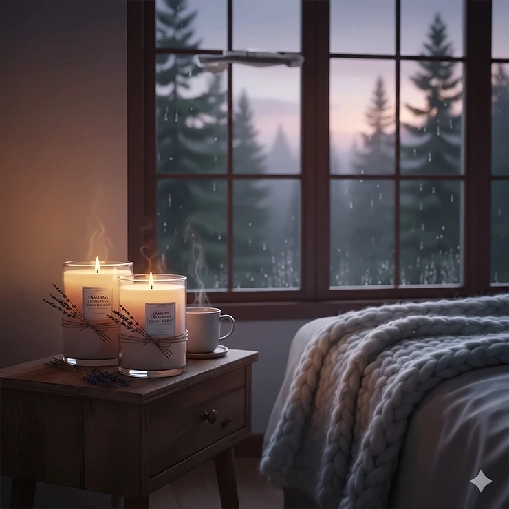A relaxing Canadian bedroom scene featuring lavender candles for sleep on a wooden nightstand next to a warm wool blanket.