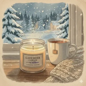 Illustration of a flickering lavender candle providing a calming scent during a snowy Canadian winter night.