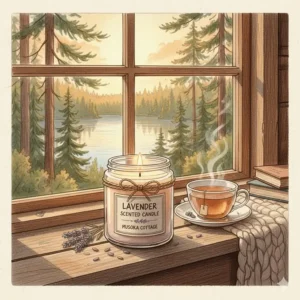 Cozy illustration of a lavender candle burning on a windowsill overlooking a serene Canadian lake and pine trees.