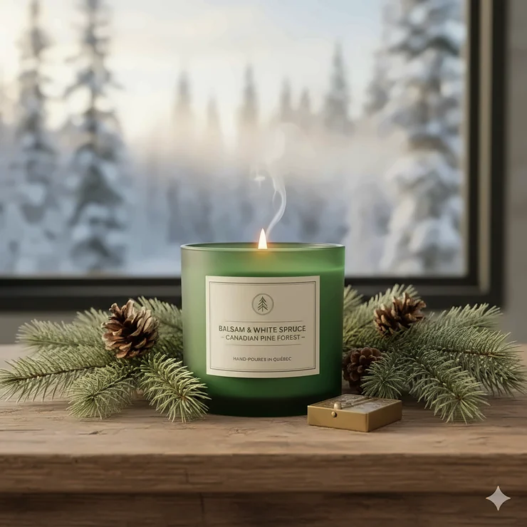 A luxury soy candle inspired by the Canadian pine forest, styled on a rustic cedar table with fresh evergreen branches.
