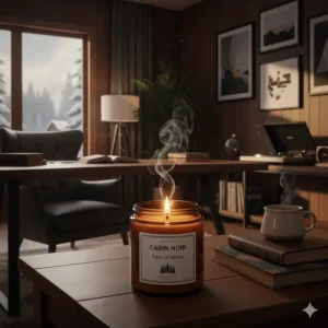 Illustration of a modern Canadian "man cave" or home office featuring dark wood accents and a vanilla tobacco candle.