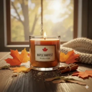 Autumnal illustration of maple-scented candles surrounded by orange Canadian maple leaves.