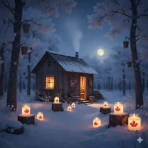 A stylized drawing of a traditional Canadian sugar shack (cabane à sucre) surrounded by maple trees and candles.