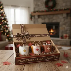 A gift box illustration featuring a trio of Canadian maple syrup candles, ideal for holiday gifting in Canada.