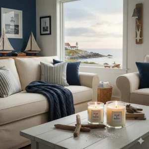 Coastal Atlantic Canada home decor featuring the refreshing scent of sea salt and driftwood candles.