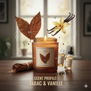 An infographic showing scent notes of tobacco leaf and Madagascar vanilla for masculine home fragrance.