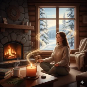 Illustration showing the calming benefits of sandalwood candles for meditation during a Canadian winter.