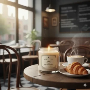 Stylized illustration of a Montreal bistro table featuring a vanilla latte candle and a croissant, capturing a classic cafe vibe.